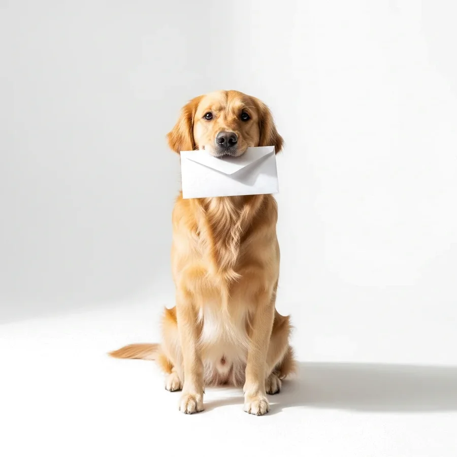 A golden retriever holding a white envelope in its mouth, ready to deliver your message