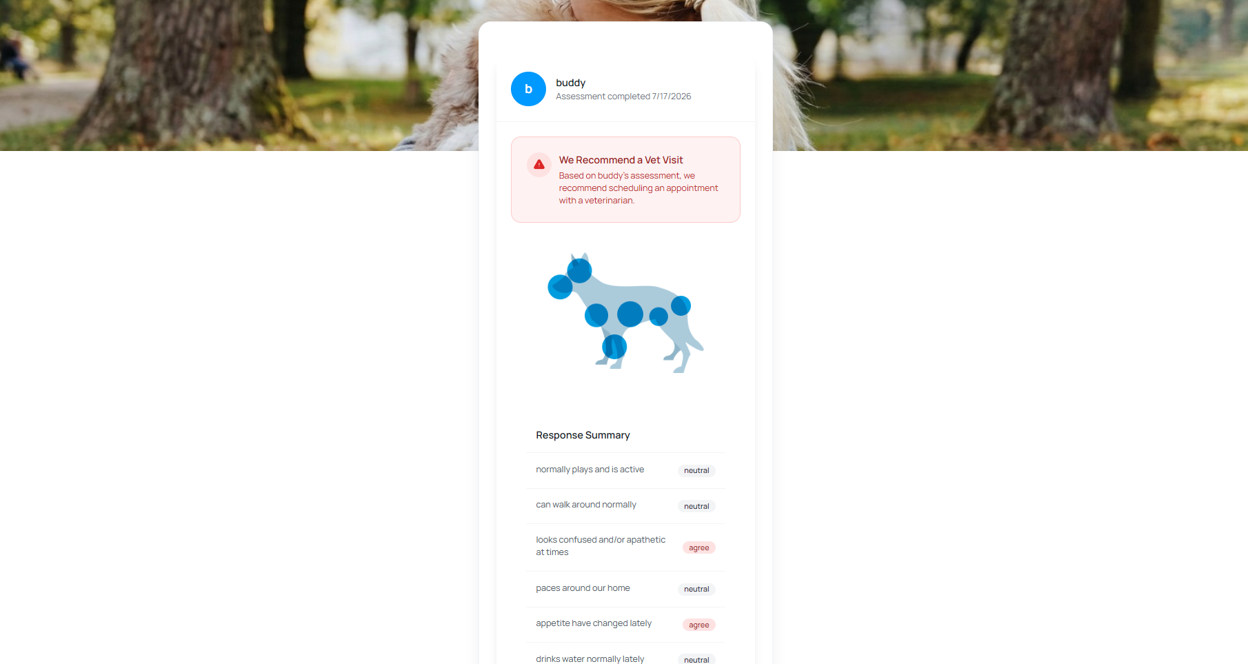 Health assessment results with recommendation and body map